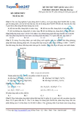 Đề thi thử THPT quốc gia lần I năm học 2014 - 2015 môn thi Hóa Học 12